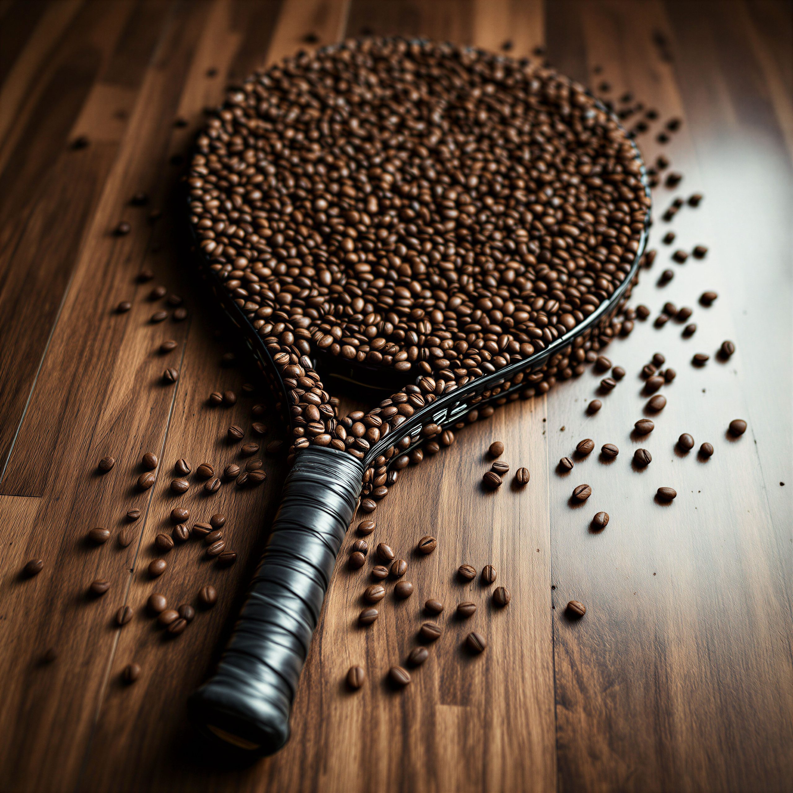 Padel racket surrounded by scattered coffee beans on a wooden table