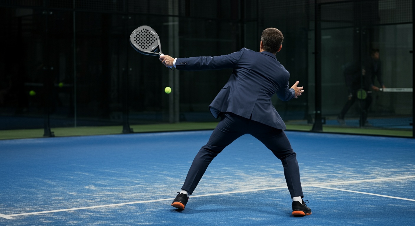 Man in a suit playing padel on an indoor court